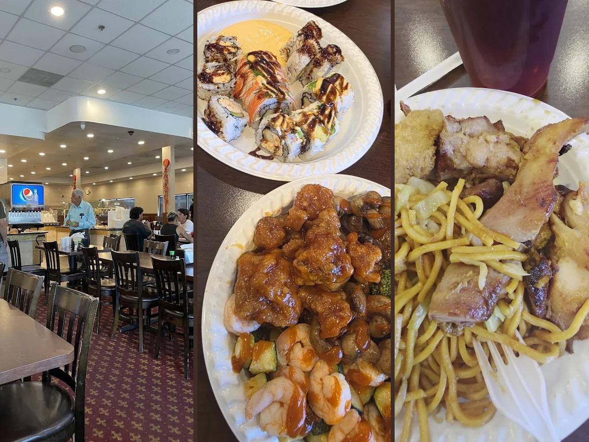 Buffet trays with assorted Chinese dishes.