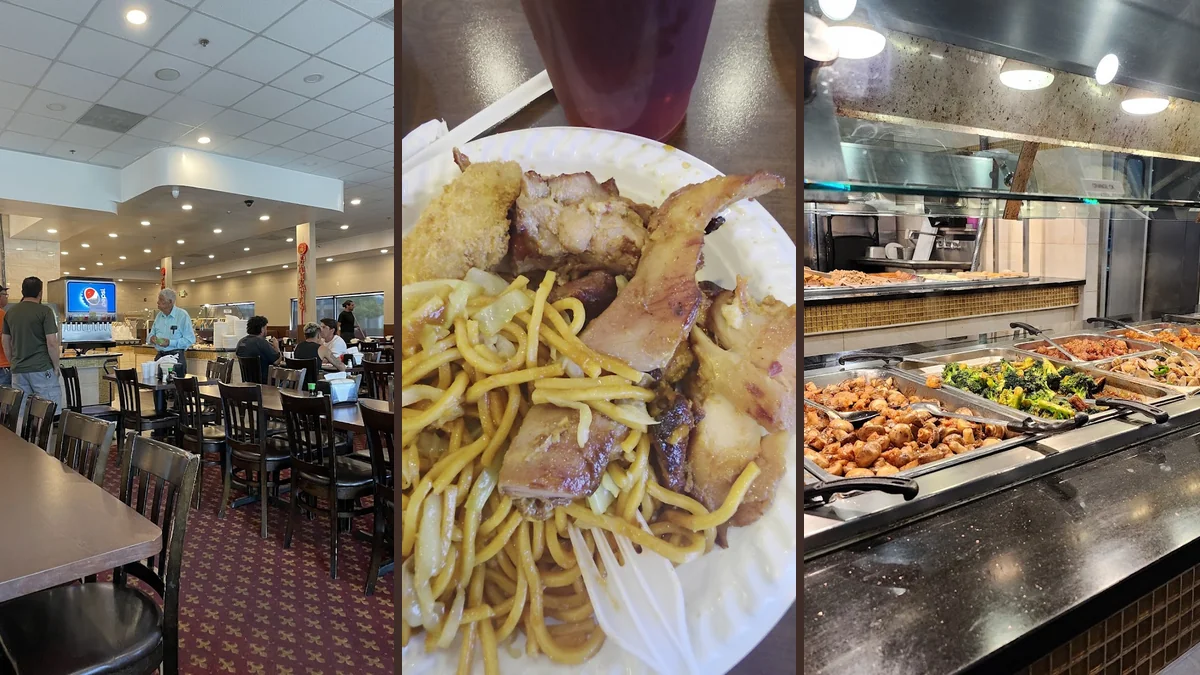 Buffet trays with assorted Chinese dishes.