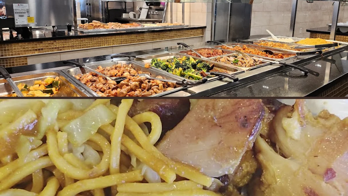 Sushi tray near the buffet counter.