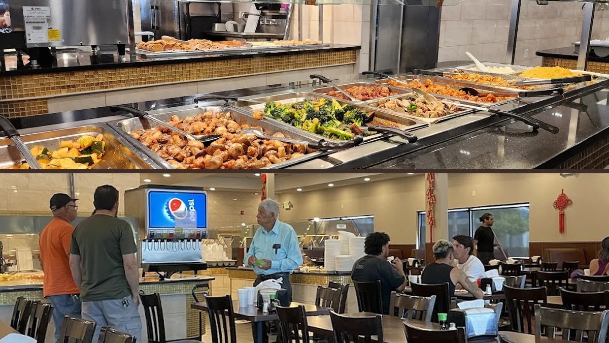 Buffet trays with assorted Chinese dishes.